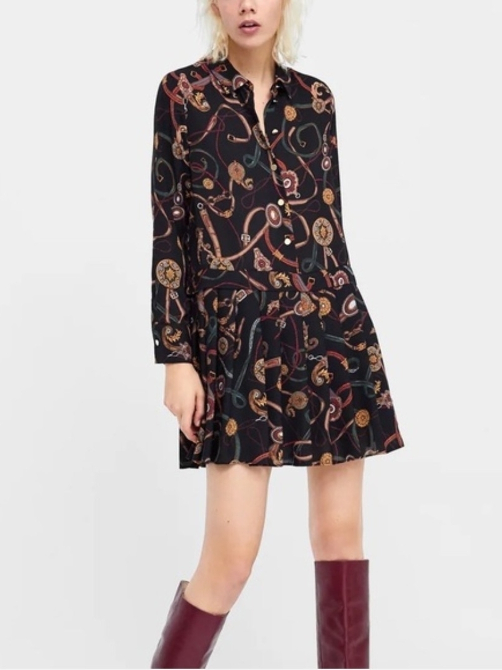 Zara women black belt print long b sleeve shirt dress blogger favorite fall M.
